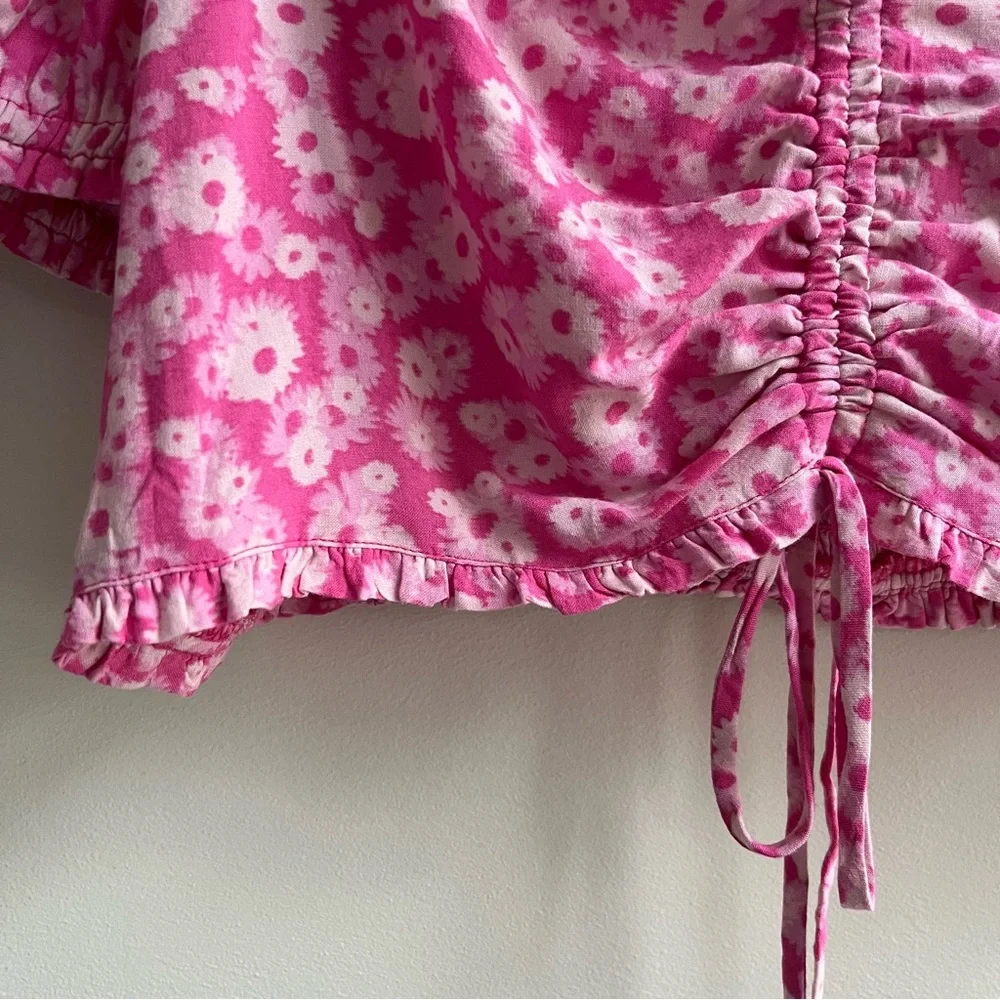 [bp] daisy print puff sleeve peasant tie front crop top pink L